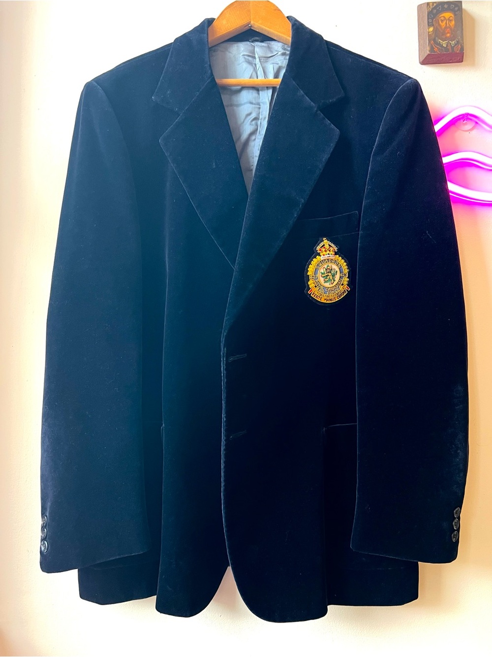 Vintage Navy Velvet Blazer with Gold Embroidered Royal Canadian Air Force Crest